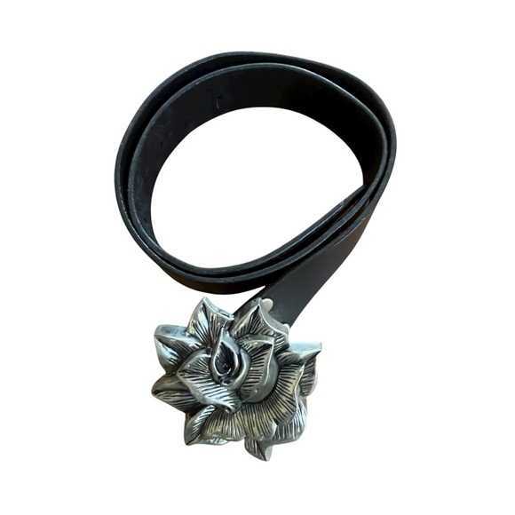 Vintage Rock Rebel Rose Silver Western Goth Buckle Black Leather Belt SZ 38 - Picture 4 of 10